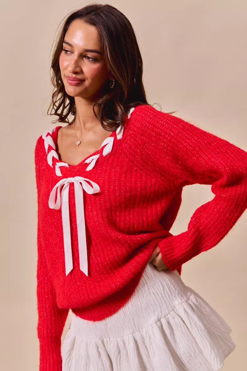 SO ME Satin Tape Braided Ribbon Tie V Neck Sweater - Tigbul's Variety Fashion Shop