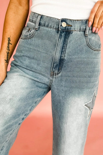 Star Embroidered High Waist Wide Leg Jeans - Tigbul's Variety Fashion Shop