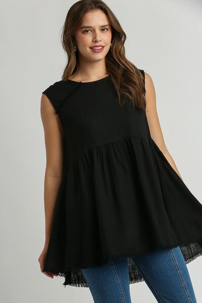Black Raw Hem Linen Round Neck Sleeveless Top - Tigbul's Variety Fashion Shop