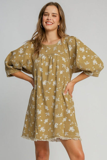 Raw Hem Floral Print Round Neck Denim Dress in Mocha - Tigbul's Variety Fashion Shop