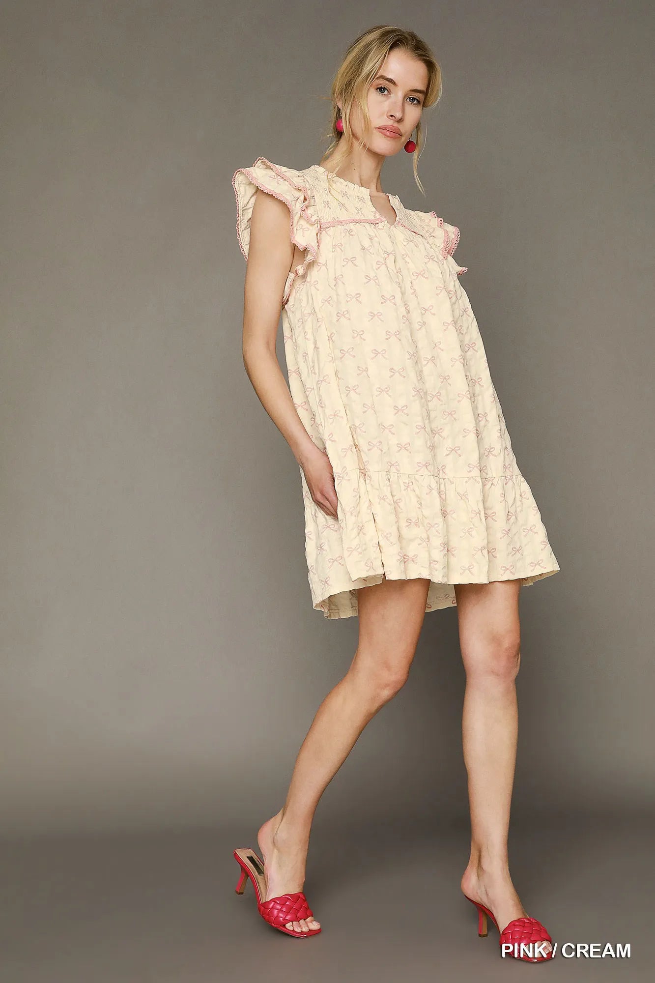 Umgee Bow Print Ruffled Cap Sleeve Mini Dress - Tigbul's Variety Fashion Shop