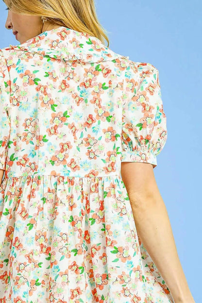 Umgee Floral Print Puff Sleeve Tie Front Mini Dress - Tigbul's Variety Fashion Shop
