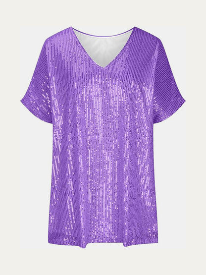 Sequin V-Neck Short Sleeve Top Blouse, Small to 3XL - Tigbul's Variety Fashion Shop