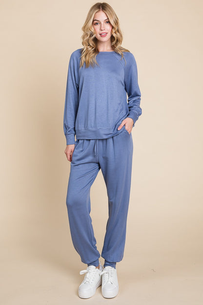 Super Lady Round Neck Raglan Sleeve Top and Pants Lounge Set - Tigbul's Variety Fashion Shop