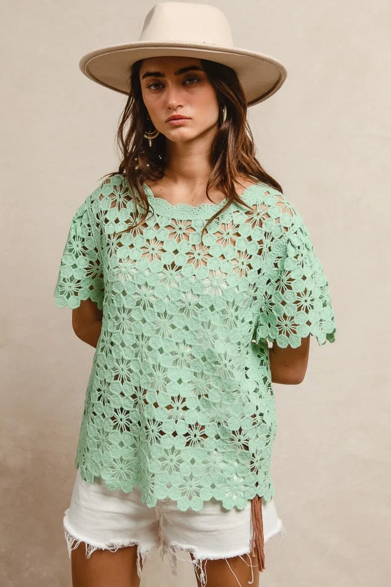 BiBi Openwork Crochet Short Sleeve Knit Top - Tigbul's Variety Fashion Shop