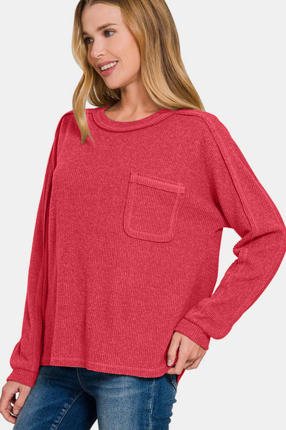 Red Full Size Contrast Stitching Brushed Ribbed Hacci Knit Top - Tigbul's Variety Fashion Shop