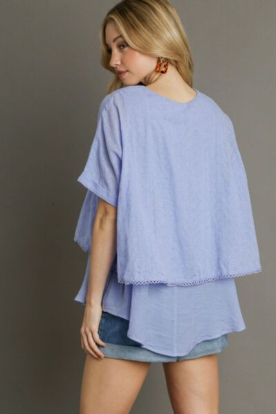 Light Blue Eyelet Layered Short Sleeve Blouse - Tigbul's Variety Fashion Shop