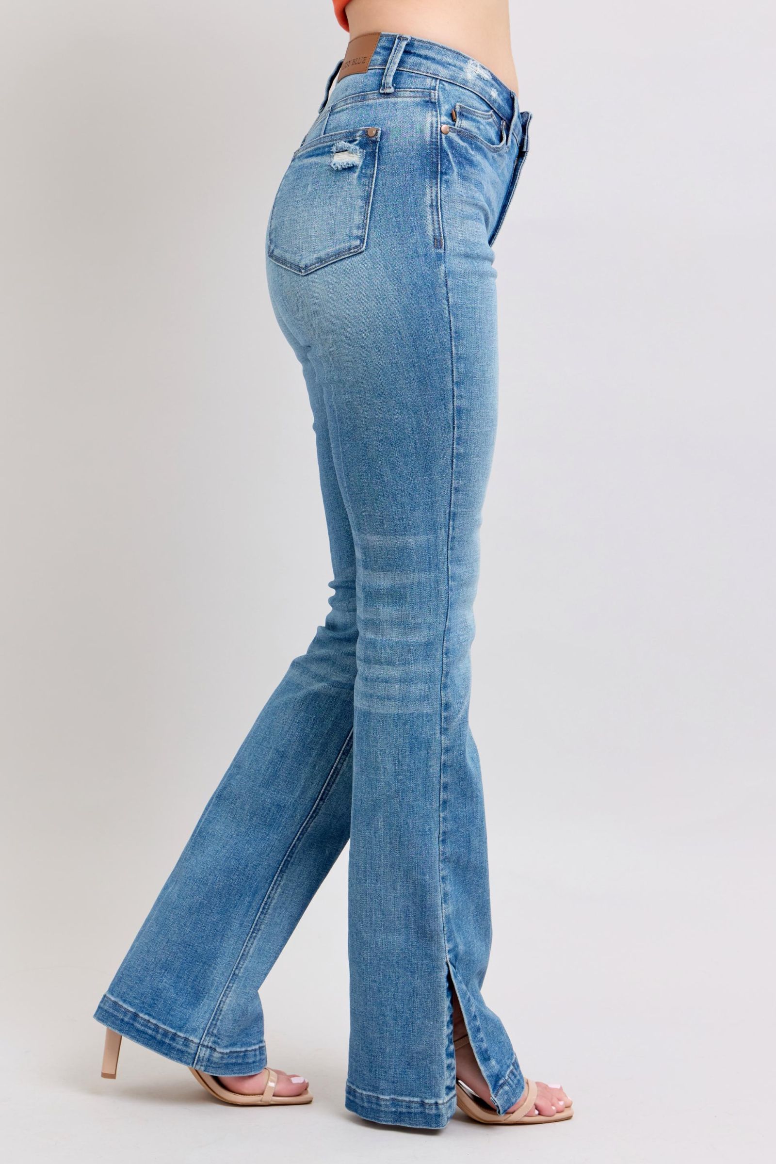 Judy Blue HW Tummy Control Vintage Wash Side Slit Slim Boot Jeans - Tigbul's Variety Fashion Shop