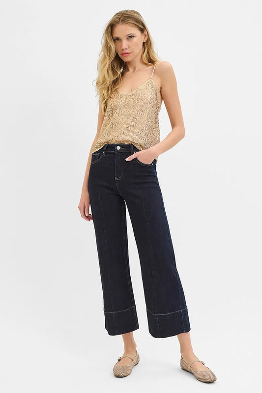 RISEN Tummy Control High Rise Crop Wide Seam Detailed Jeans - Tigbul's Variety Fashion Shop