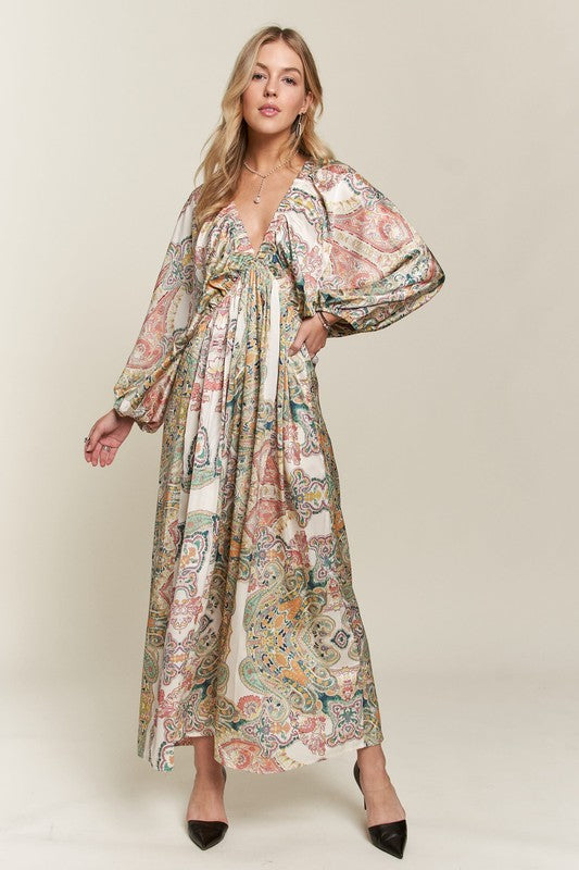 Light Green Printed V-Neck Batwing Sleeve Dress - Tigbul's Variety Fashion Shop
