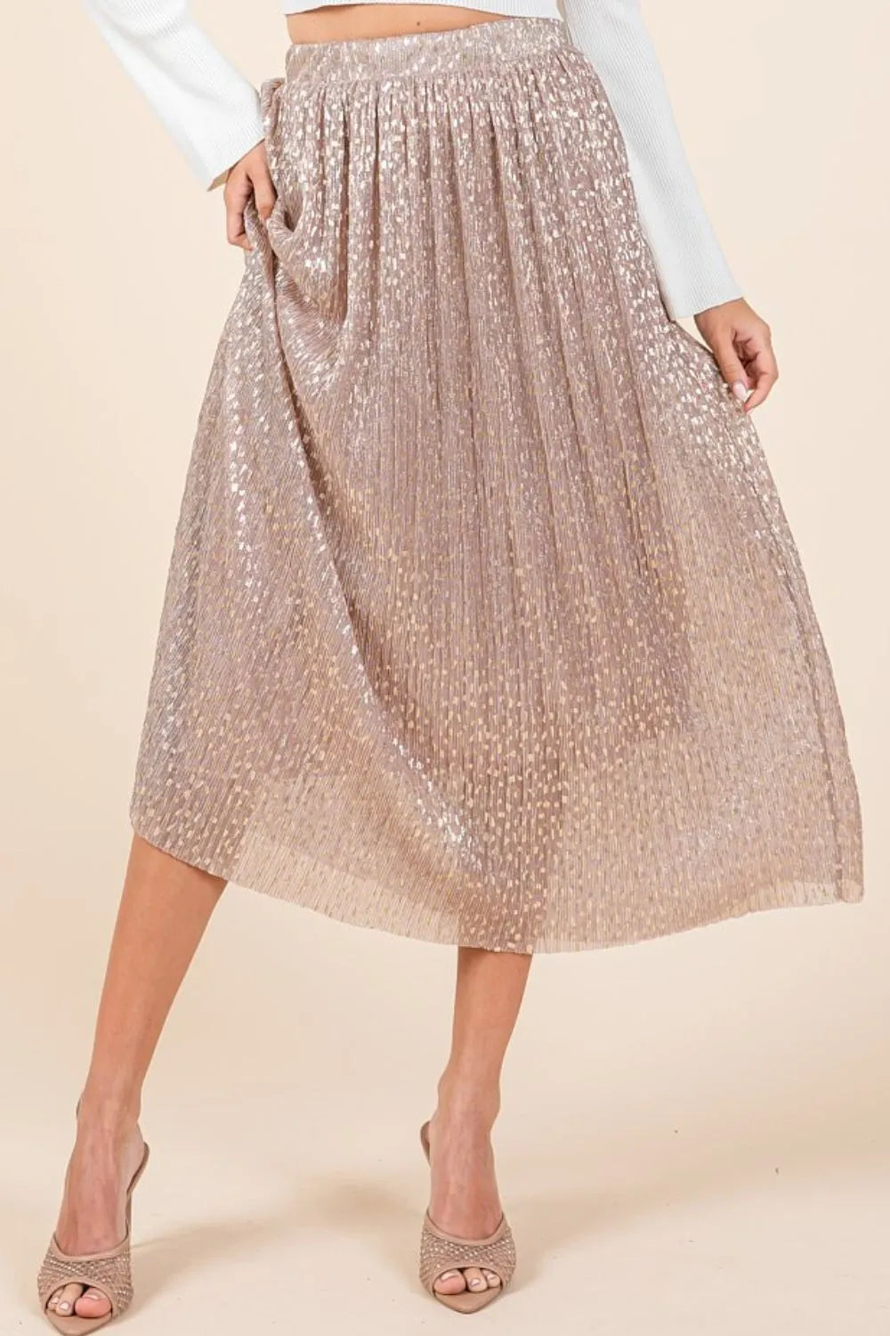 Pink Metallic Glitter Speckle Print Elastic Midi Skirt - Tigbul's Variety Fashion Shop