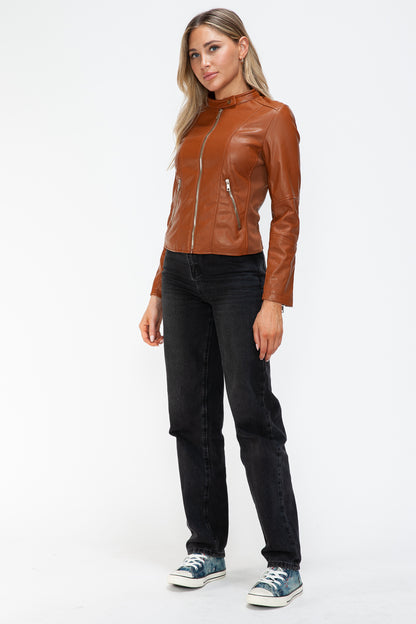 Faux Leather Zip Up Drawstring Hooded Jacket in Camel