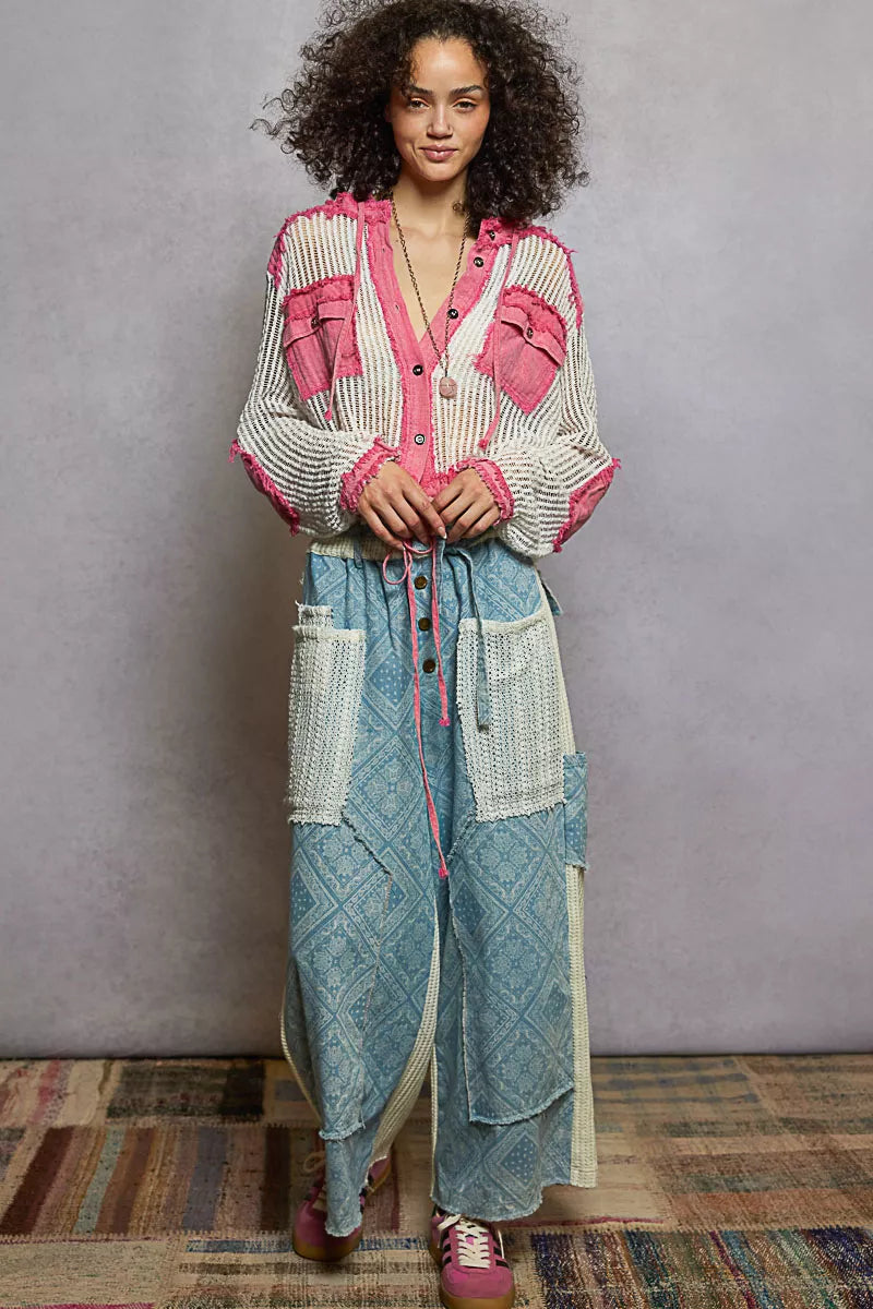 POL Texture Woven Button Down Hooded Shirt with Drawstring Hem - Tigbul's Variety Fashion Shop