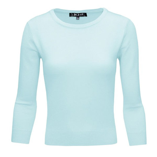 Crewneck 3/4 Sleeve Spandex Pullover Sweater - Tigbul's Variety Fashion Shop