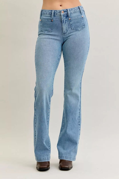 Judy Blue Full Size Mid Rise Bootcut Jeans with Contrast Wash & Front Patch Pockets Plus Size - Tigbul's Variety Fashion Shop