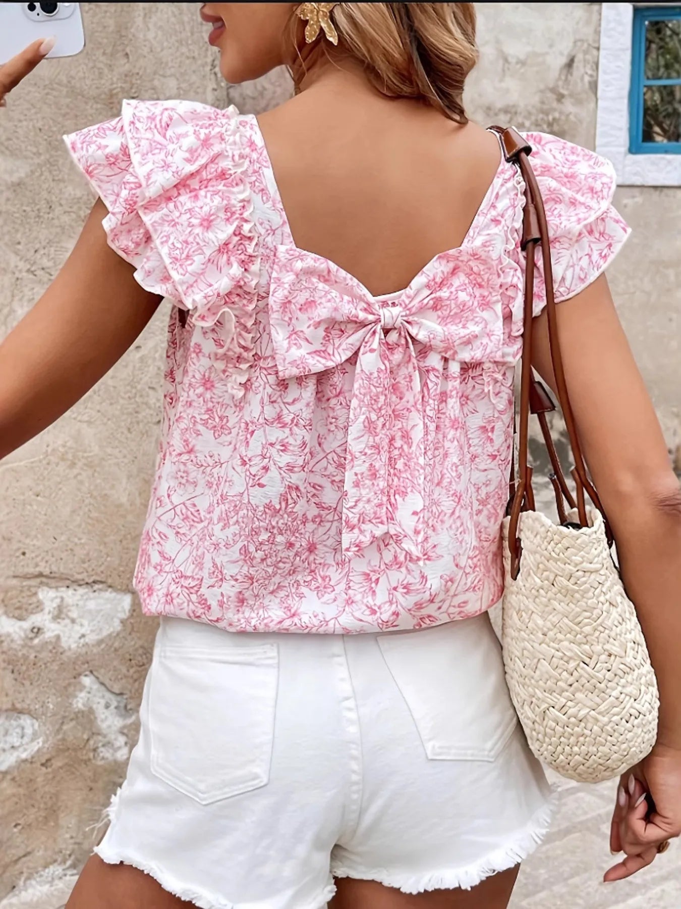 Bow Back Floral Print Ruffle Sleeve Blouse - Tigbul's Variety Fashion Shop