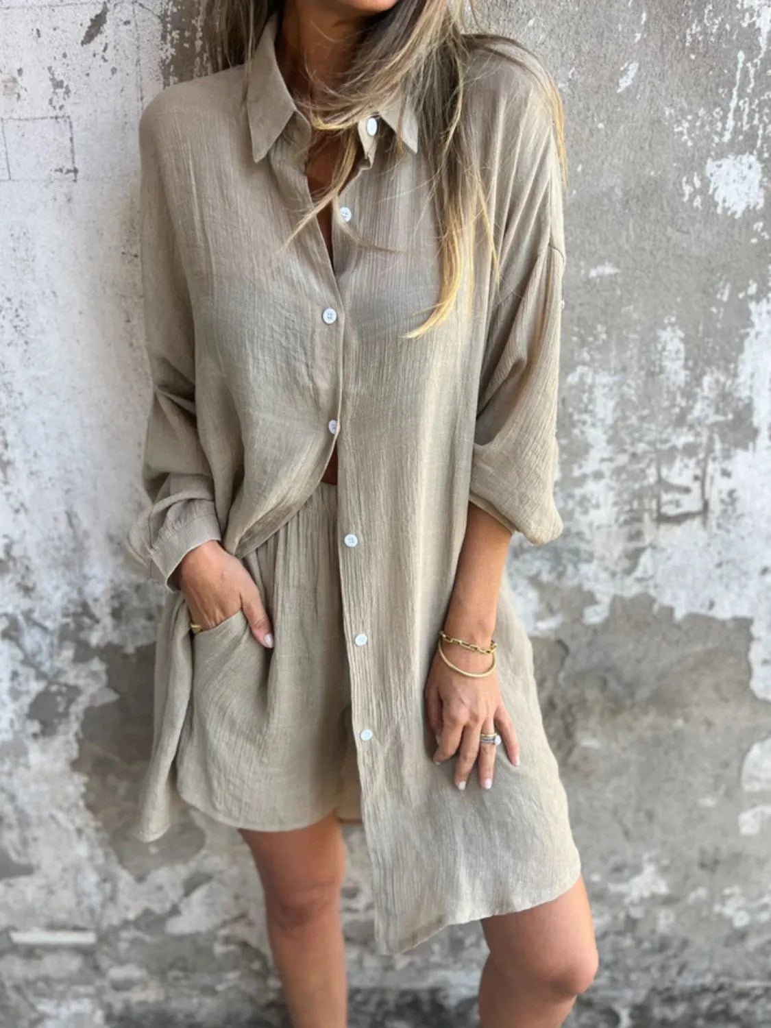 Pocketed Collared Neck Shirt and Shorts Set - Tigbul's Variety Fashion Shop