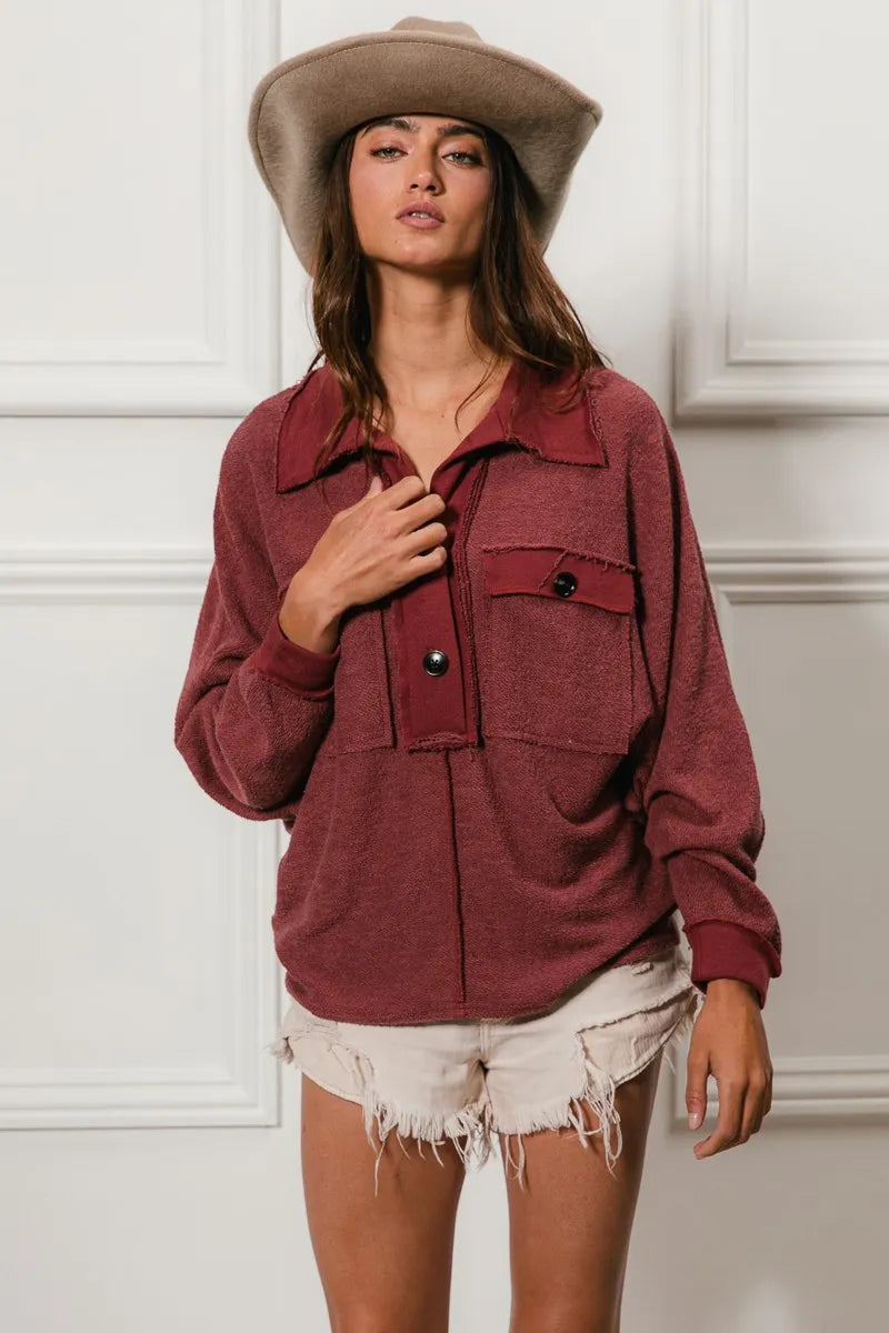 BiBi Cp French Terry Cut Edge Detail Collared Top - Tigbul's Variety Fashion Shop