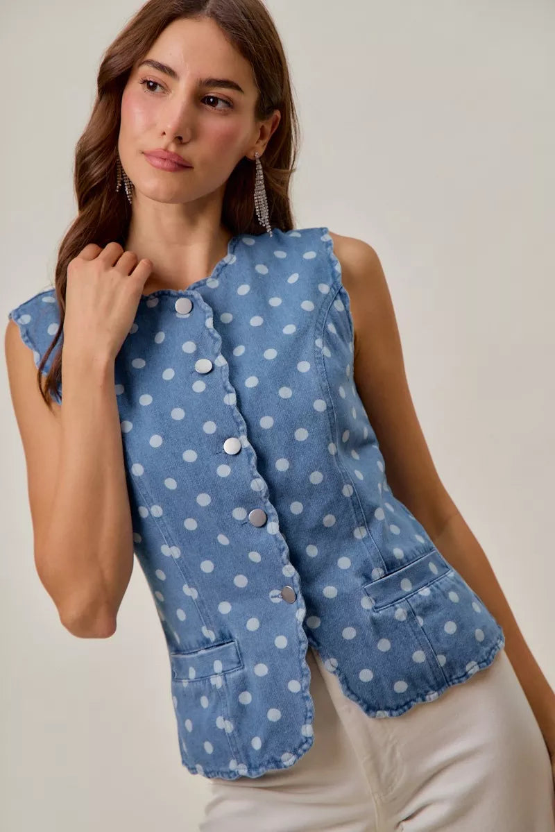Polka Dot Blue Denim Scallop Edge Button Down Vest Top - Tigbul's Variety Fashion Shop