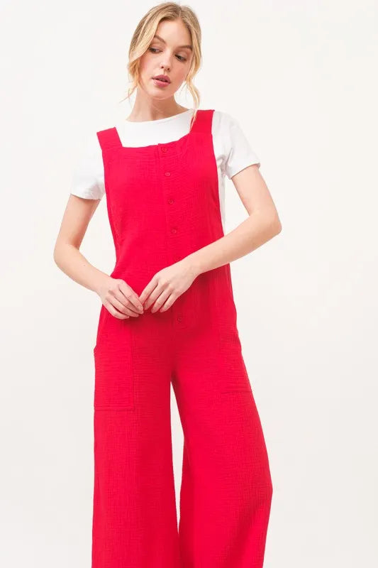 Red Gauze Loose Fit Tied Back Overalls - Tigbul's Variety Fashion Shop