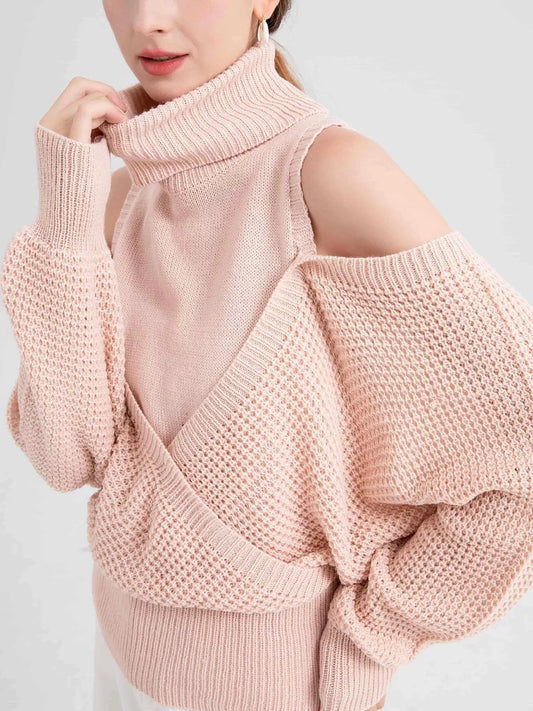 Waffle Knit Cold Shoulder Turtleneck Sweater - Tigbul's Variety Fashion Shop