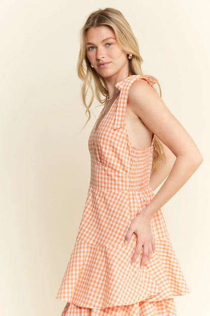 Orange Sleeveless Gingham Print Tiered Midi Dress - Tigbul's Variety Fashion Shop
