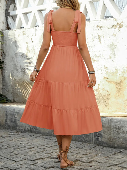 Tie Shoulder Square Neck Tiered Midi Dress - Tigbul's Variety Fashion Shop