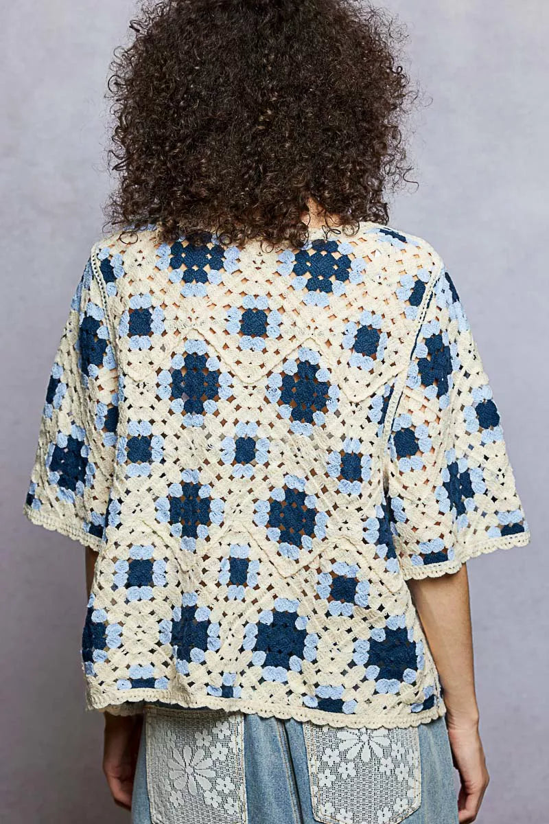 POL Round Neck Short Sleeve Color Pattern Crochet Top with Border Accents - Tigbul's Variety Fashion Shop