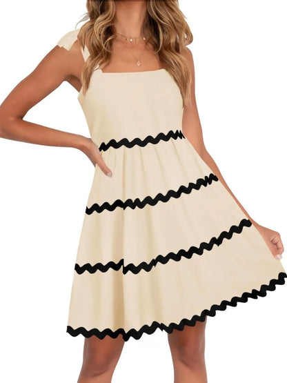 Contrast Trim Tie Shoulder Tan Dress - Tigbul's Variety Fashion Shop