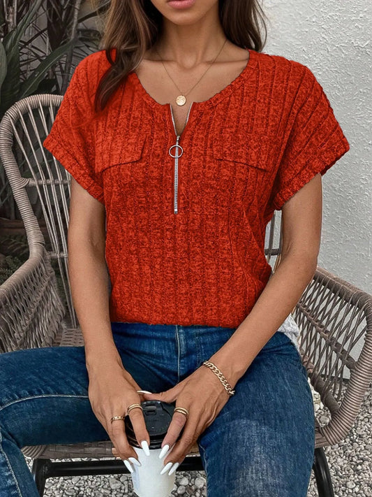 Zip-Front Short Sleeve T-Shirt - Tigbul's Variety Fashion Shop