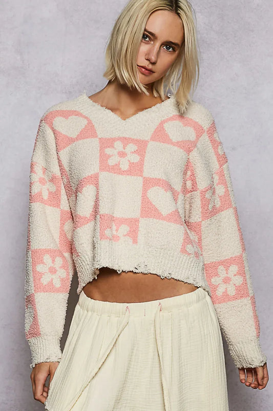 POL V-Neck Heart Pattern Checkered Sweater - Tigbul's Variety Fashion Shop