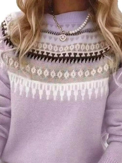 Full Size Vintage Patterned Round Neck Sweater Plus Size - Tigbul's Variety Fashion Shop