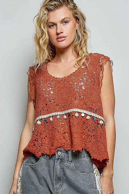 POL Lace Trim Openwork V-Neck Crochet Tank with Scalloped Edge - Tigbul's Variety Fashion Shop