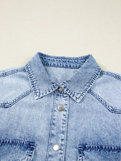 Chest Pocket Raw Hem Denim Loose Shirt Dress - Tigbul's Variety Fashion Shop