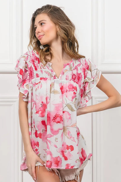 BiBi Floral Print Flutter Sheer Top - Tigbul's Variety Fashion Shop
