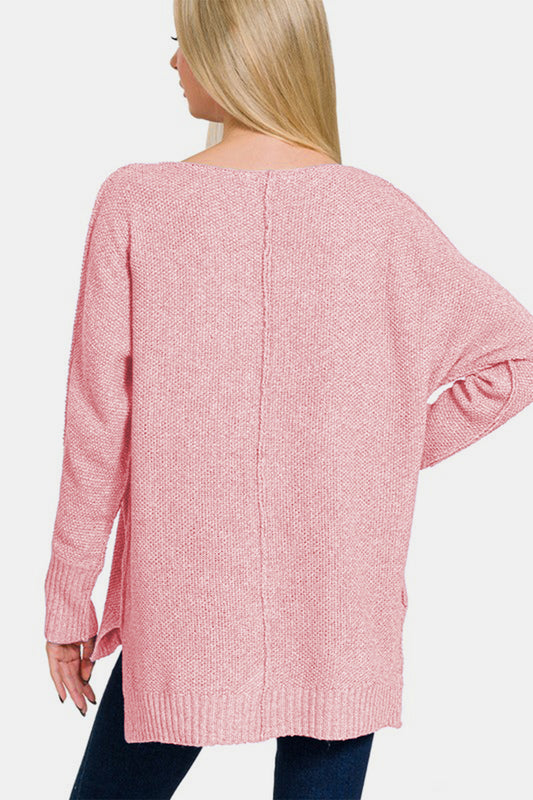 Pink High-Low Center Seam V-Neck Sweater - Tigbul's Variety Fashion Shop