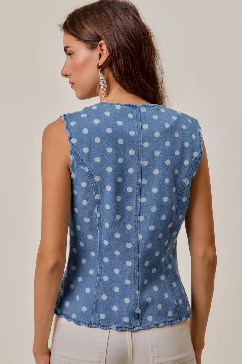Polka Dot Blue Denim Scallop Edge Button Down Vest Top - Tigbul's Variety Fashion Shop