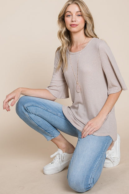 BOMBOM Round Neck Waffle Knit T-Shirt - Tigbul's Variety Fashion Shop
