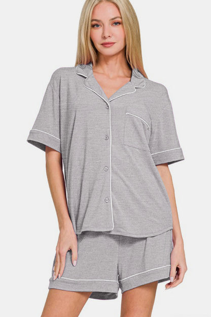 Zenana Button Down Short Sleeve Top and Shorts Lounge Set - Tigbul's Variety Fashion Shop