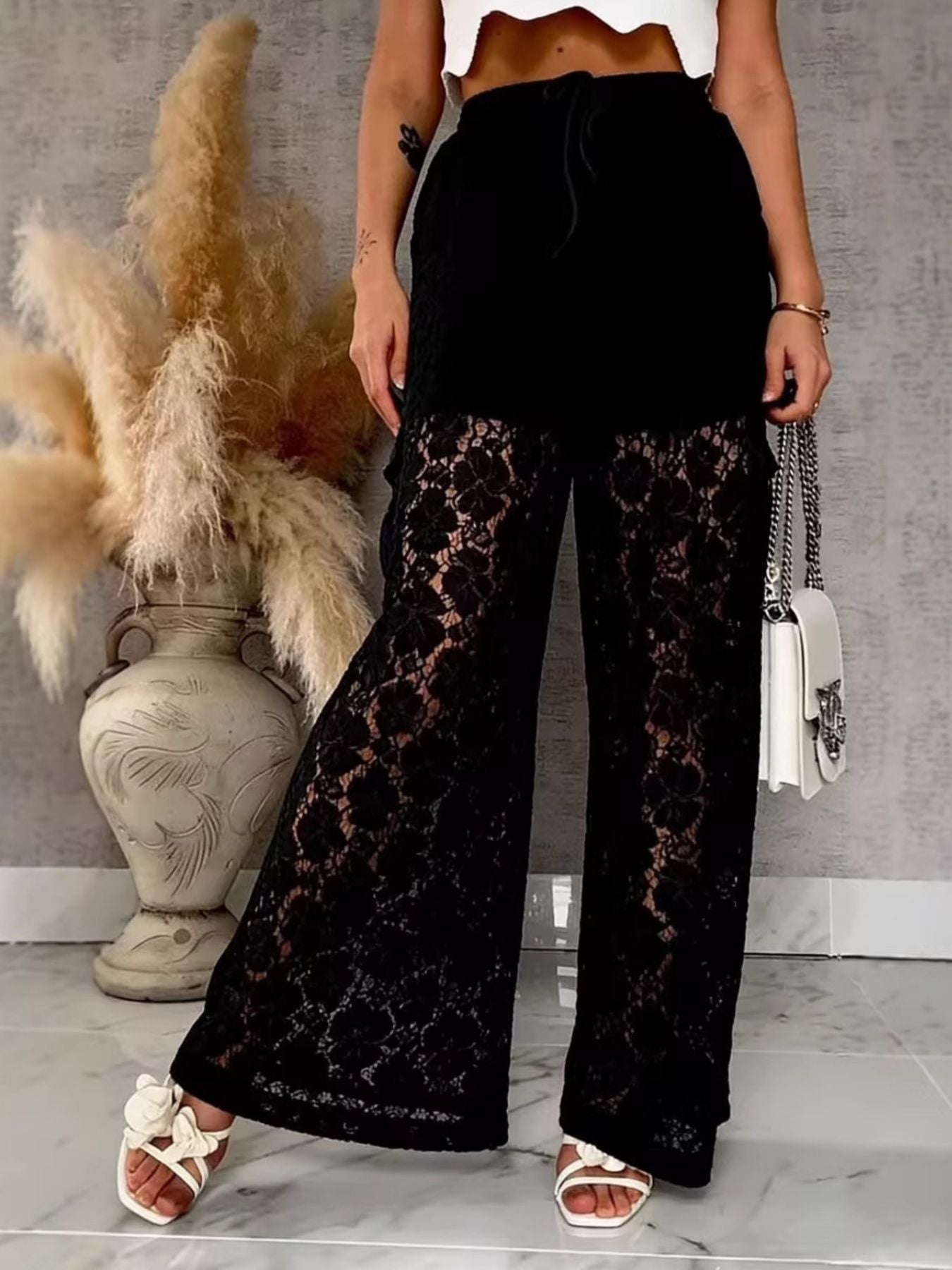 Women’s lace wide-leg pants, black—high-rise elastic waist with wide, flowy legs