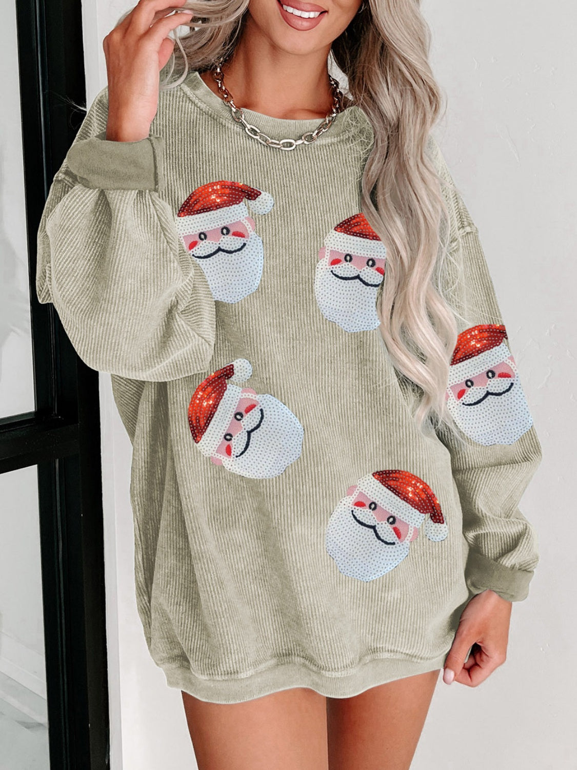 Sequin Santa Patch Ribbed Sweatshirt - Tigbul's Variety Fashion Shop