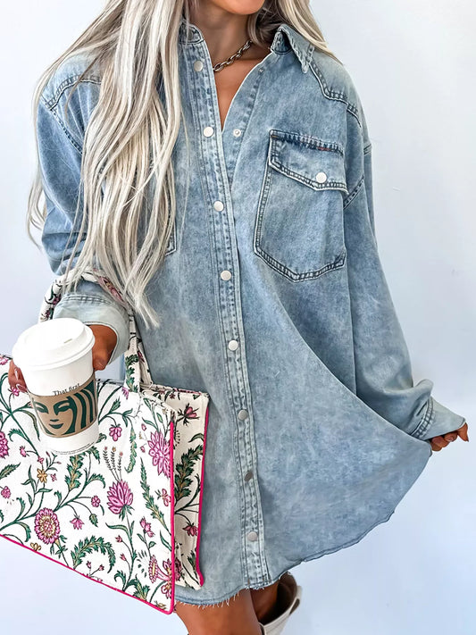 Chest Pocket Raw Hem Denim Loose Shirt Dress - Tigbul's Variety Fashion Shop