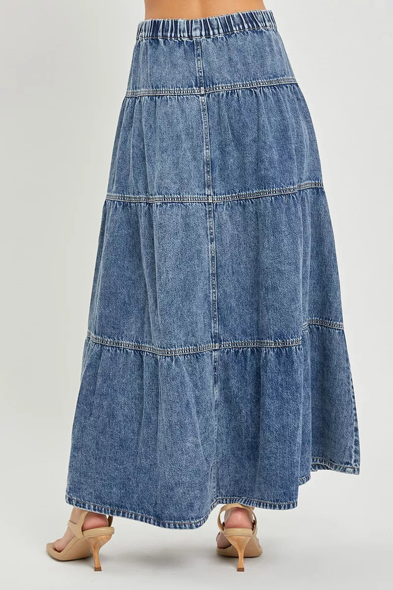 High-rise denim maxi skirt, elastic waistband and tiered ruffle panels, medium blue