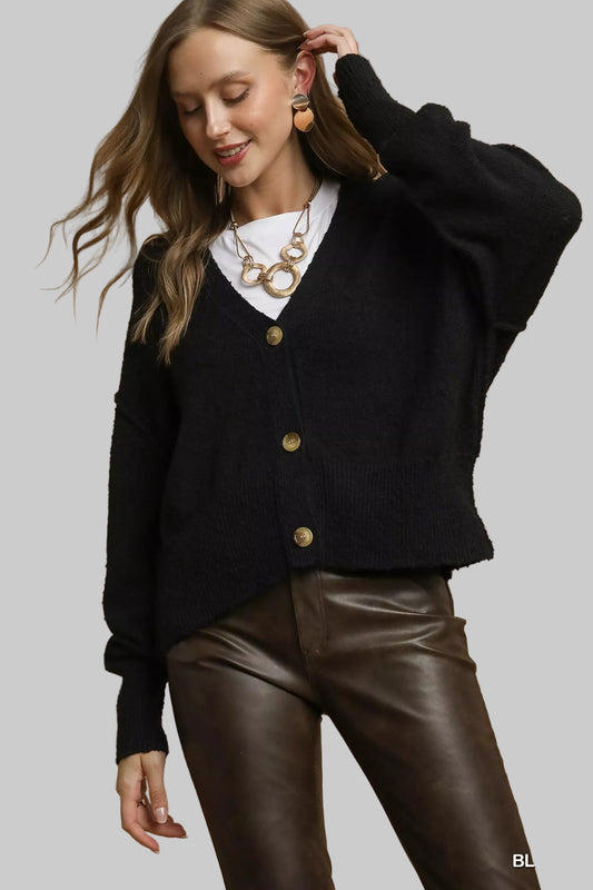 Black  Button-Front V-Neck Knit Cardigan - Tigbul's Variety Fashion Shop
