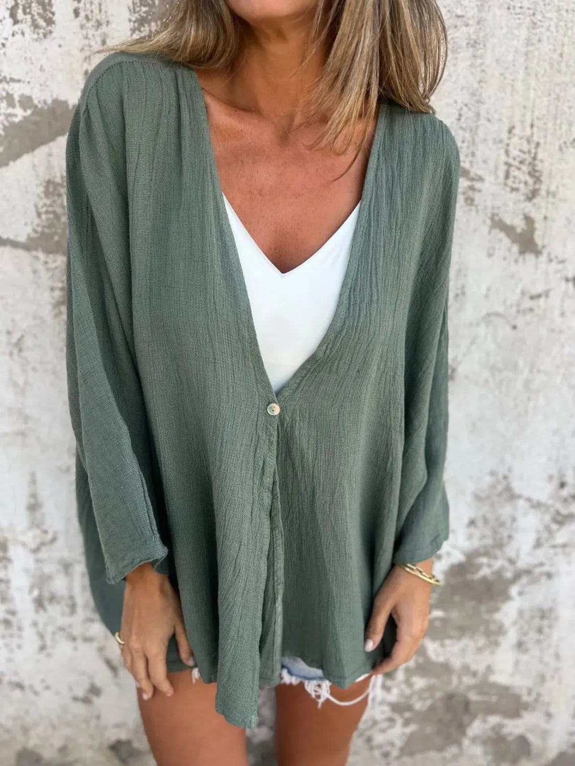 Full Size One Button Long Sleeve Shirt - Tigbul's Variety Fashion Shop