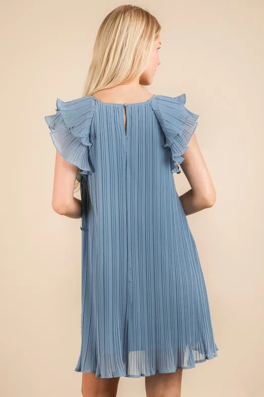 Blue Plus Size Ruffle Sleeve Pleated Woven Mini Dress - Tigbul's Variety Fashion Shop