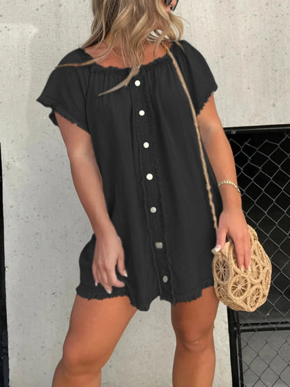 Full Size Raw Hem Mini Denim Dress Plus Size - Tigbul's Variety Fashion Shop