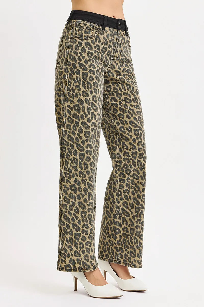 RISEN High Rise Wide Leg Leopard Printed Jeans with Contrast Waist Band Detail - Tigbul's Variety Fashion Shop