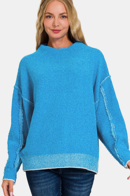 Zenana Exposed Seam Mock Neck Long Sleeve Sweater - Tigbul's Variety Fashion Shop