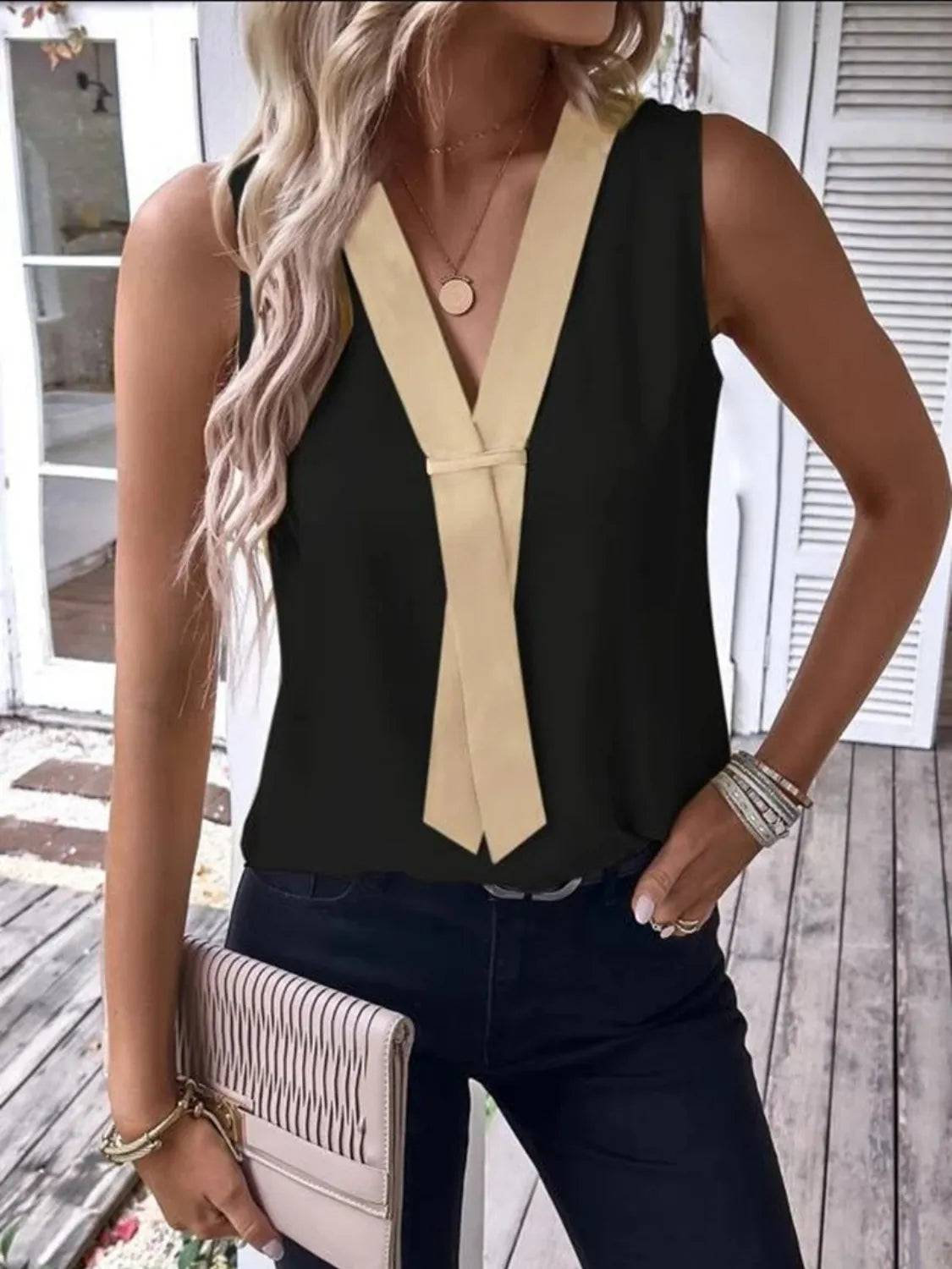 V-Neck Contrast Tank Shirt - Tigbul's Variety Fashion Shop